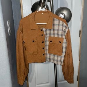 🚨2 for $15 🚨 Spliced Plaid Flap Pocket Crop Cord Jacket